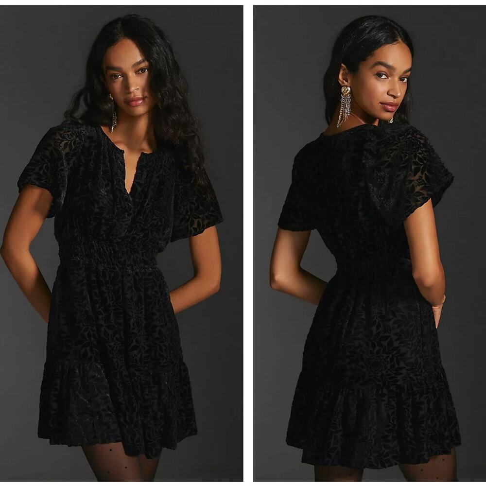 ANTHROPOLOGIE The Somerset Velvet Mini Dress Black Burnout Sz M NWT $160 {3Y10} - Picture 2 of 3